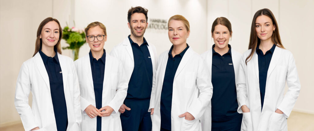 Das Team der Hamburg Dermatologie – sechs Ärztinnen und Ärzte